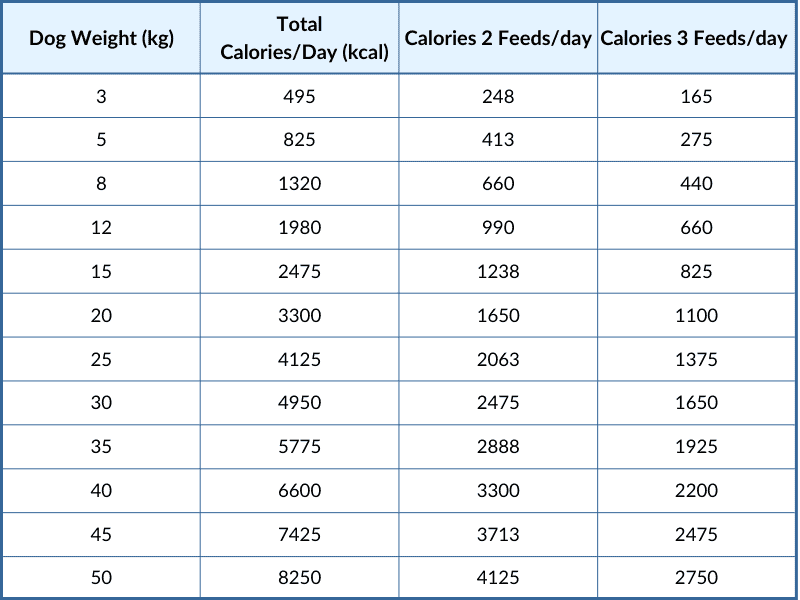 Chart showing calories a pregnant dog needs at varies body weights